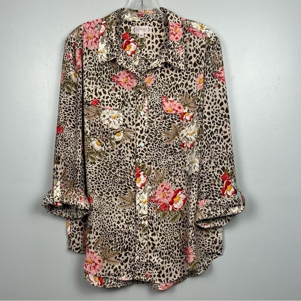 Nanette Lepore floral & animal print roll tab button front blouse top, large.